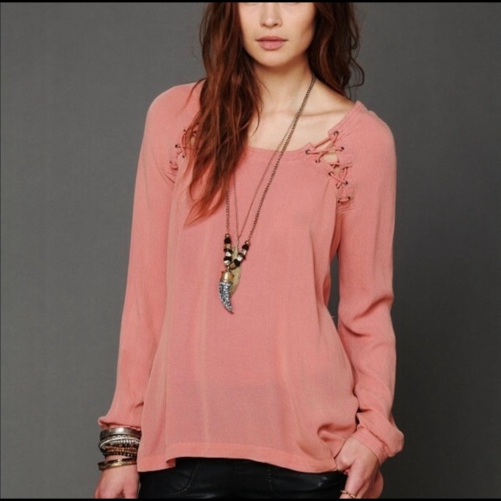 FREE PEOPLE Coral Peach Lace Up Shoulder Tunic Top Blouse